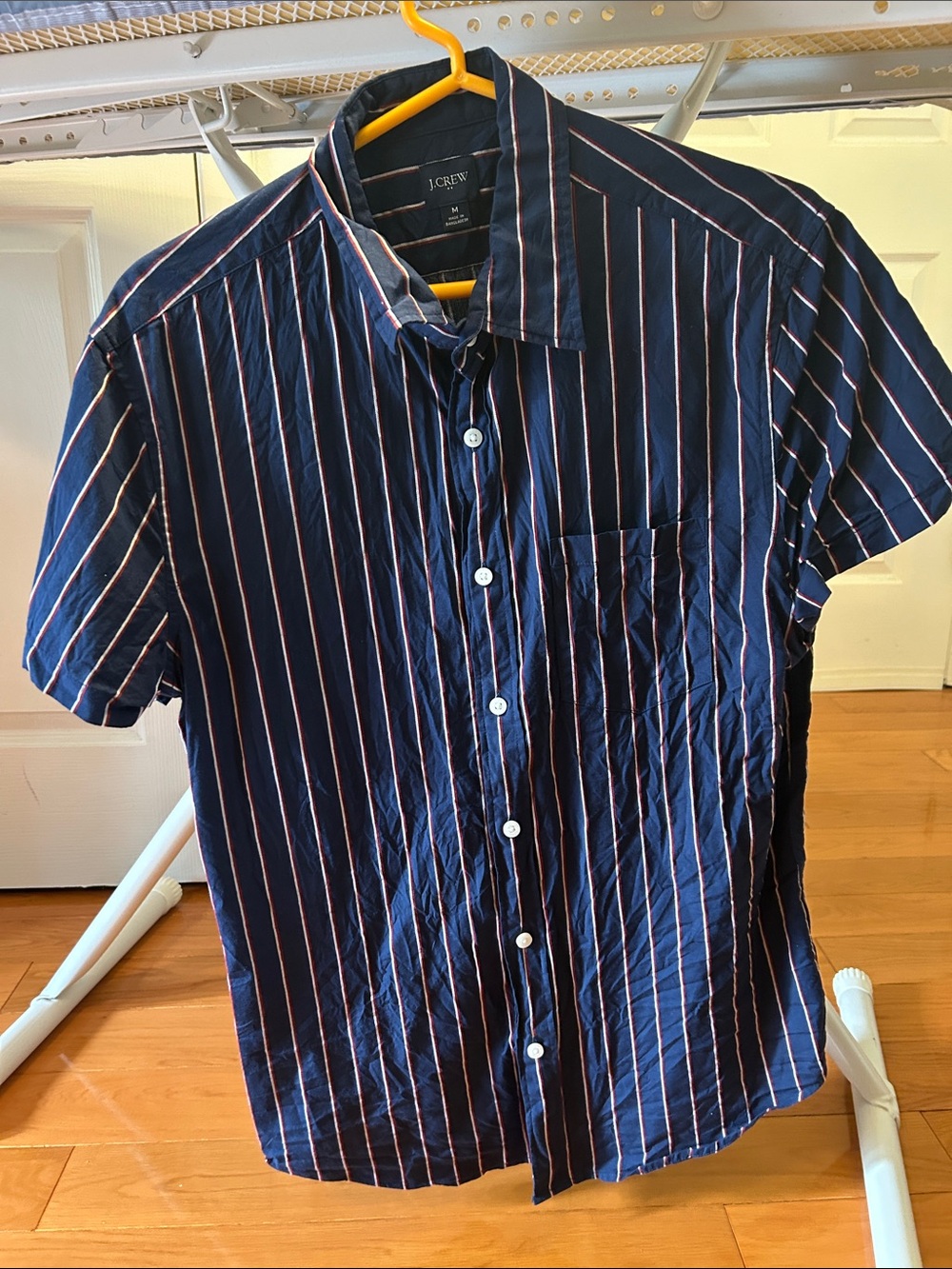 J. Crew Men's Navy Short-Sleeve Button-Up with White and Red Pinstripes
